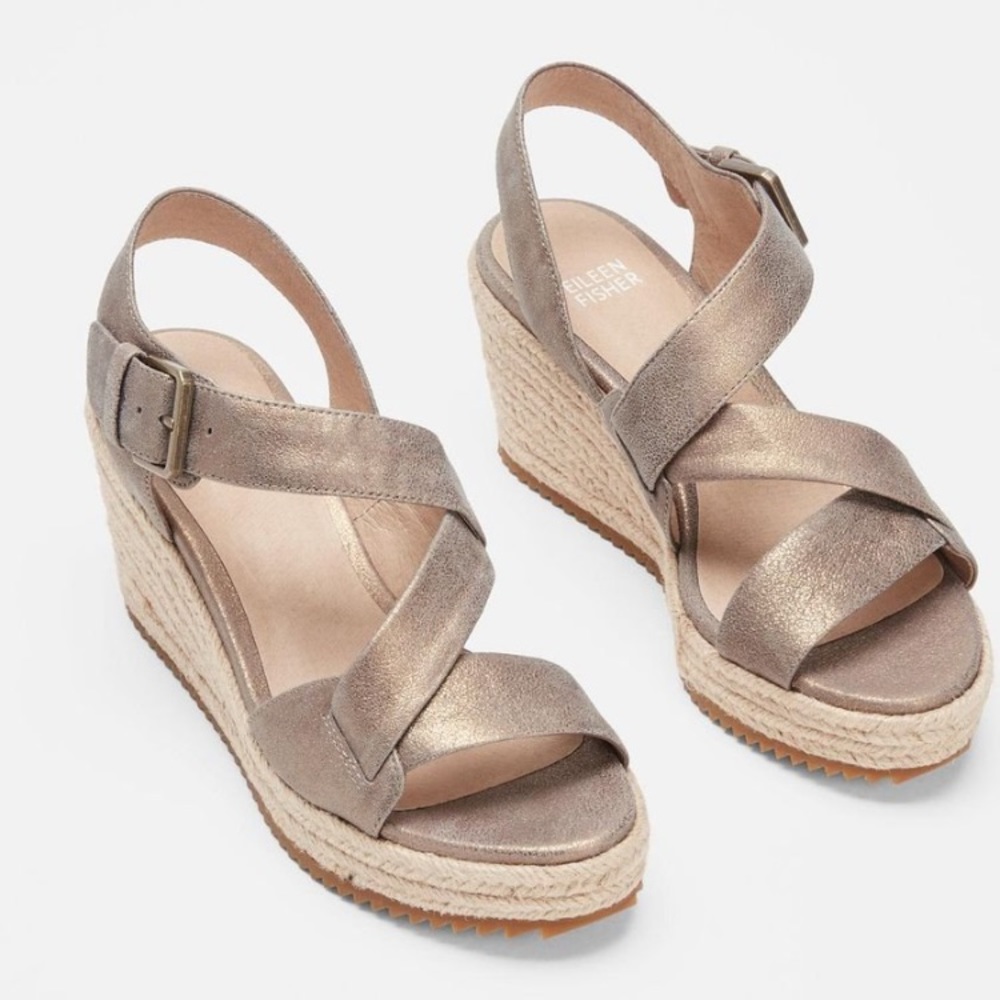 NWOT π‘ EILEEN FISHER Beckon Suede Jute Espadrille Wedge Sandals Bronze Metallic - Picture 2 of 15